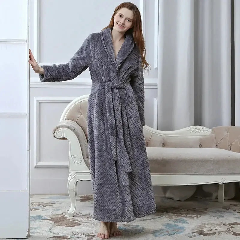 Women Men Extra Long Warm Bathrobe Plus Size Jacquard Coral Fleece Thermal Bath Robe Winter Dressing Gown Flannel Cozy Sleepwear - KADIR MARKET