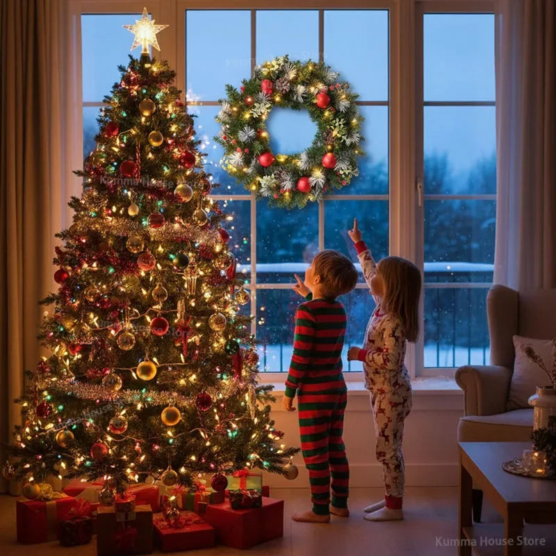 Led Christmas Wreath, 40CM Artificial Pinecone Red Berry Garland Hanging Ornaments, Front Door Wall Decorations Xmas Tree Wreath - KADIR MARKET