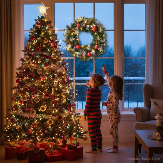 Led Christmas Wreath, 40CM Artificial Pinecone Red Berry Garland Hanging Ornaments, Front Door Wall Decorations Xmas Tree Wreath - KADIR MARKET