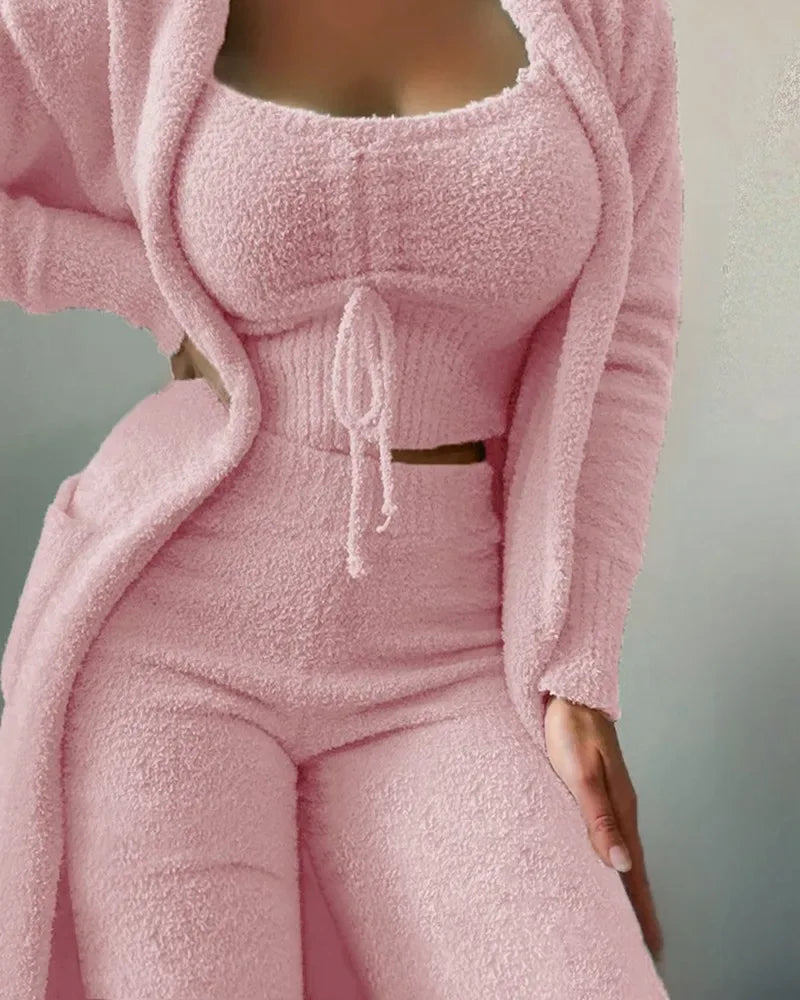 2025 New Luxury Women's Plush Pajamas Set Crop Top+Long Pants+Coat 3 Pieces Suit Homewear Female Matching Sets Warm Pyjamas Pjs - KADIR MARKET