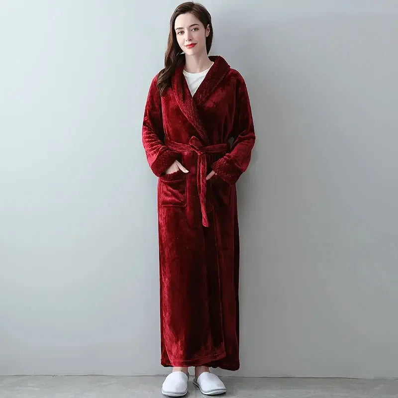 Women Men Extra Long Warm Bathrobe Plus Size Jacquard Coral Fleece Thermal Bath Robe Winter Dressing Gown Flannel Cozy Sleepwear - KADIR MARKET